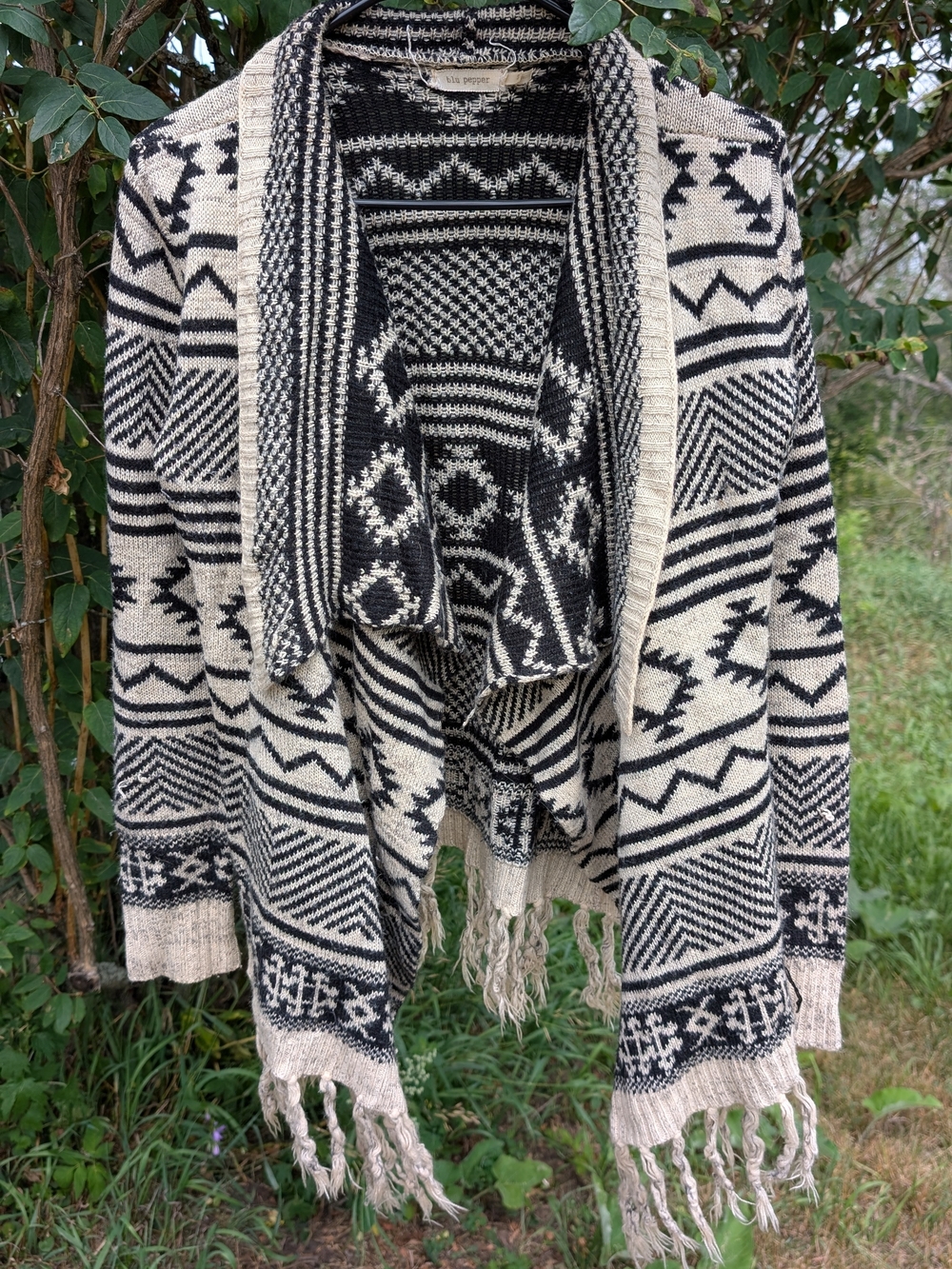 Blu Pepper Black & Cream Aztec Fringe Shawl Cardigan